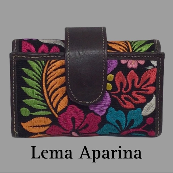 NWOT LEMA APARINA Tri-Fold Wallet, Bright Floral Embroidery, Brown Leather - Picture 1 of 9